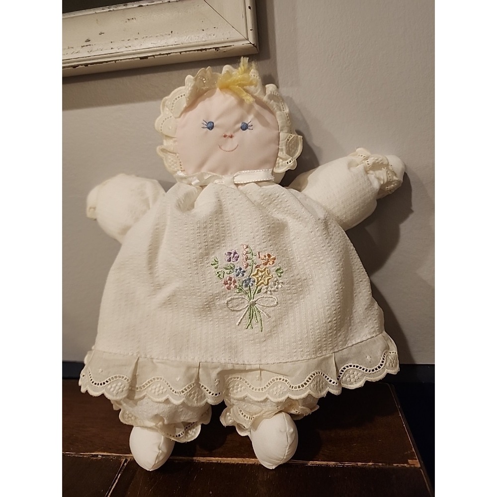 Vtg House of Hatten plush baby doll white dress embroidered Flowers Girl Lovey